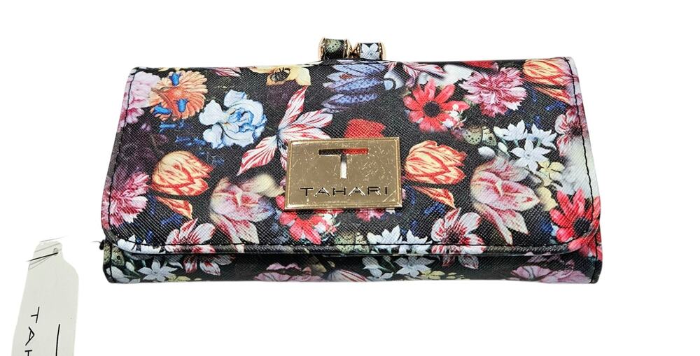Tahari Midnight Garden Floral Trifold Vegan Leather Women’s Clutch Wallet NWT